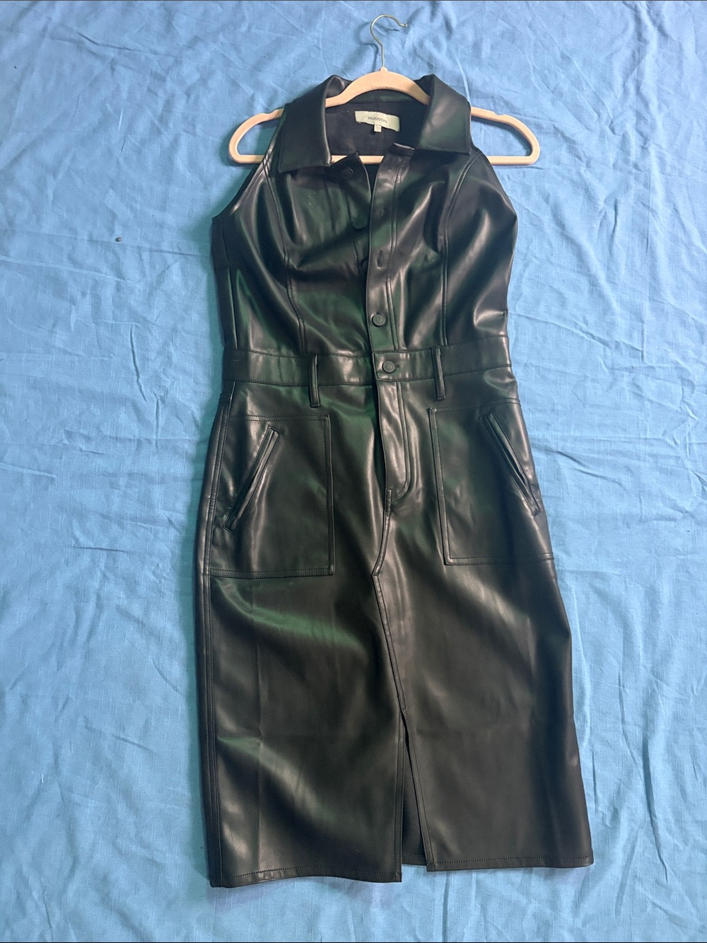 Hudson Jeans Vegan Black Sleeveless Faux Leather Midi Dress Large